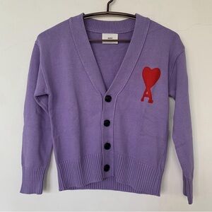 ami Lavender V‑Neck Cardigan with Red Heart A Patch